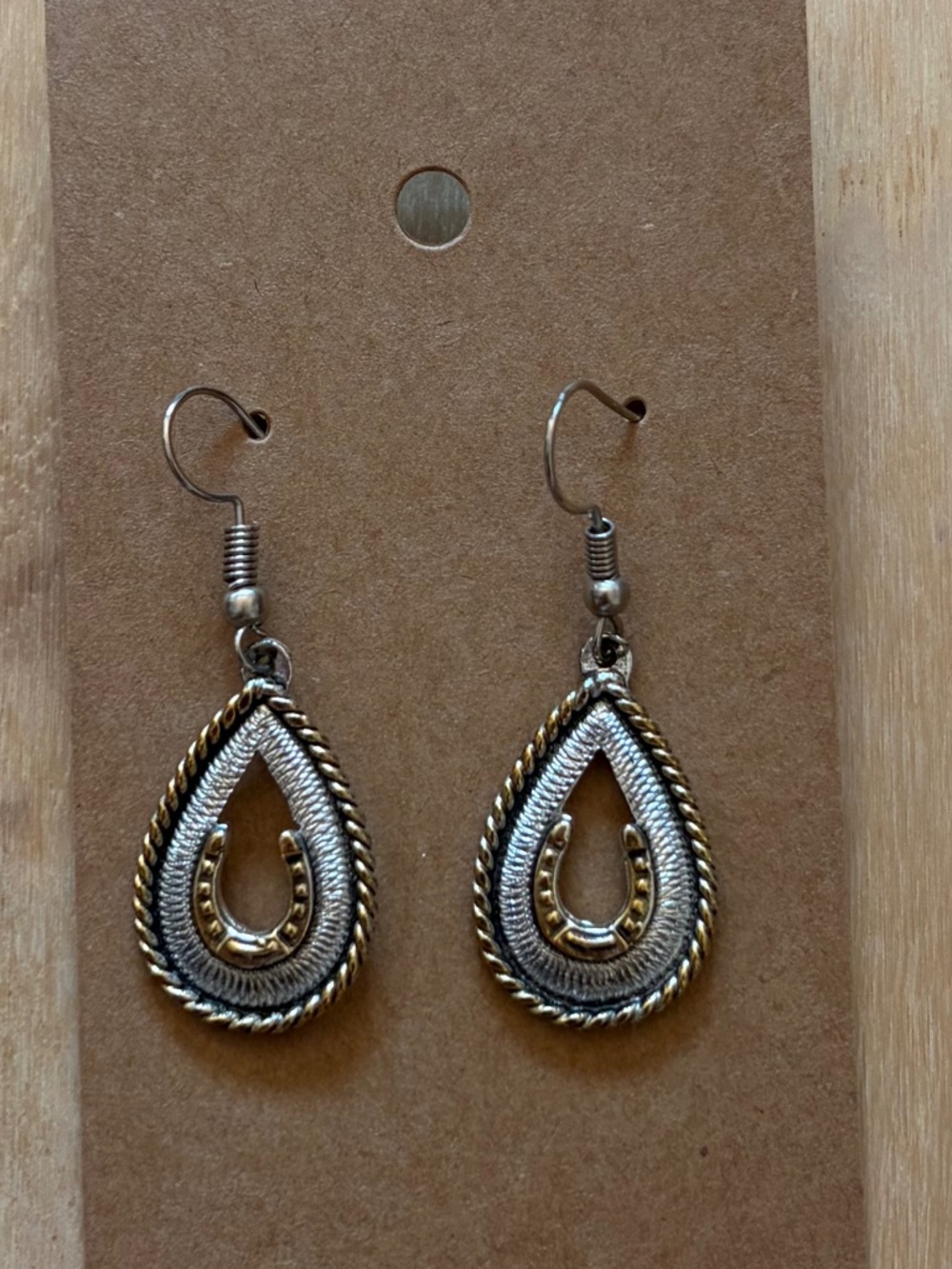 NEW Western Two-Tone Silver Gold Horseshoe Teardrop Dangle Earring